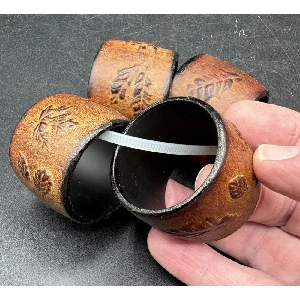 Vtg Napkin Serviette Rings Leather Thanksgiving Autumn Design Leaves -A97
